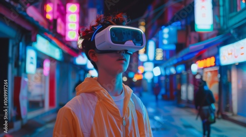 A young man immersed in virtual reality, wearing VR headset that emits a bright, neon-blue glow. male in urban Asian city street filled with neon signs.