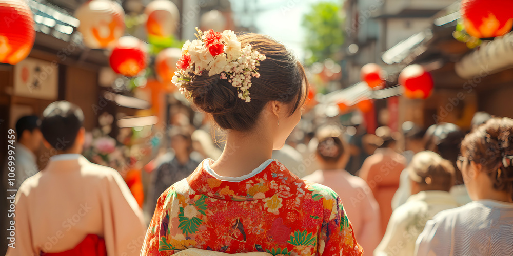Obraz premium Woman in Traditional Japanese Kimono with Floral Hair Ornament Walking Through a Street Decorated with Red Lanterns
