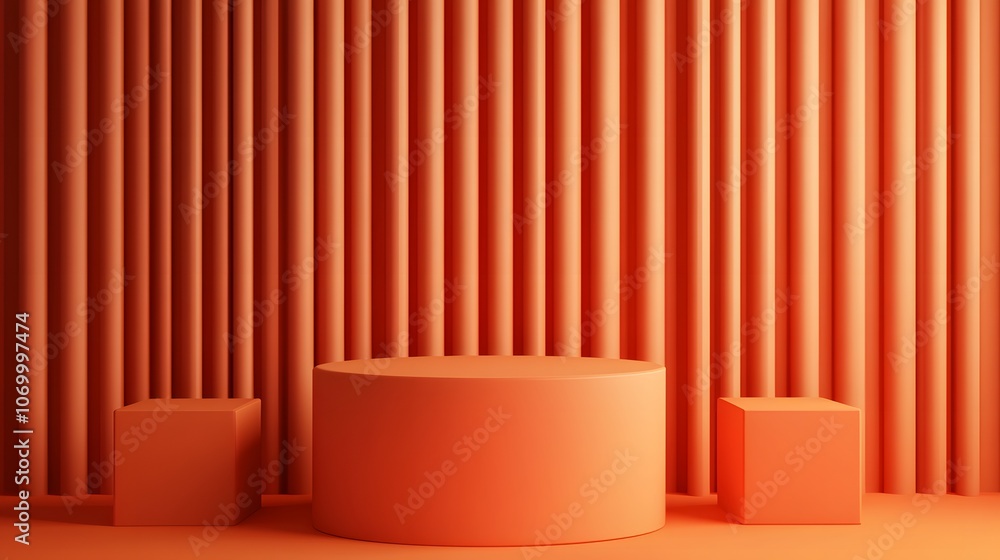 Realistic 3D orange cylindrical podium background with cube pedestal, Clean empty wall scene. Minimal mockup or abstract product display presentation, Stage showcase. Platforms vector geometric desig
Realistic 3D orange cylindrical podium background with cube pedestal, Clean empty wall scene. Minimal mockup or abstract product display presentation, Stage showcase. Platforms vector geometric desig