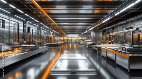 An empty factory floor with stainless steel machinery, conveyor belts, and bright lights.