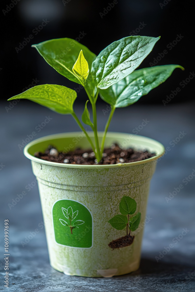 Small green pepper plant growing in a biodegradable pot indoors under soft light Small green pepper plant growing in a biodegradable pot indoors under soft light