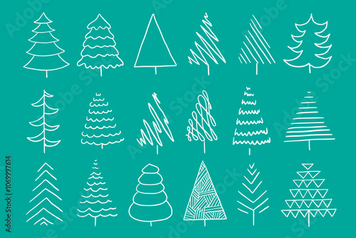 Set of fir trees and Christmas tree in doodle style. Celebration, winter, christmas, new year, christmas decorations, xmas. Great for banner, poster, stickers, professional design. Hand drawn