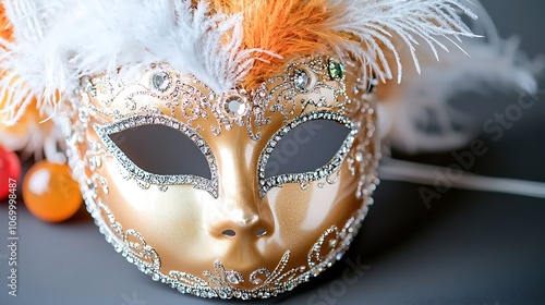 A close-up shot of a beautifully crafted carnival mask adorned with jewels and feathers, artistically illuminated to emphasize its luxurious texture. The image features sufficient negative space for photo