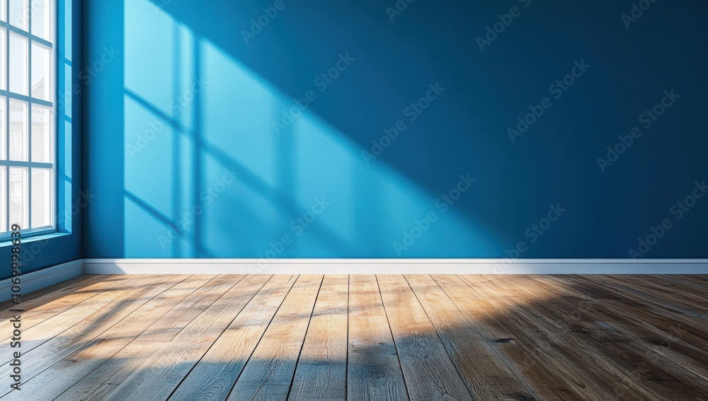 Modern empty room with vibrant blue walls and wooden floor lit by natural sunlight Modern empty room with vibrant blue walls and wooden floor lit by natural sunlight