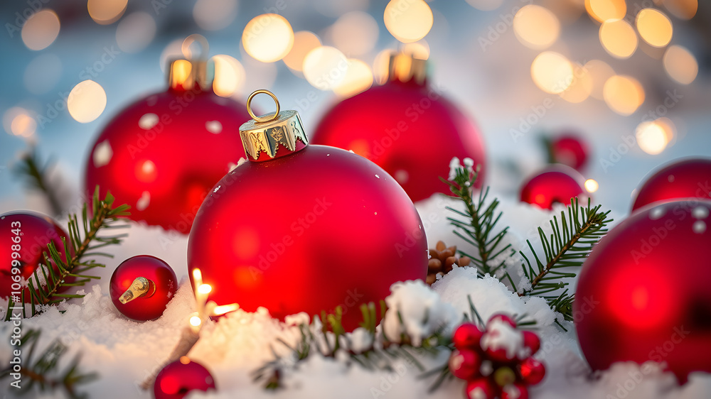 Bright red baubles in snow with twinkling fairy lights in the background. Generative AI Bright red baubles in snow with twinkling fairy lights in the background. Generative AI