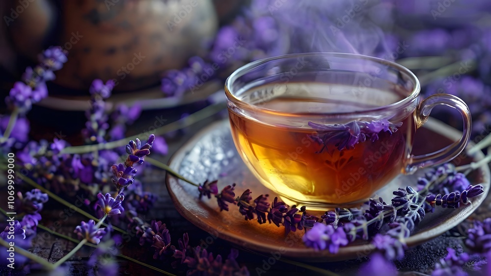Aromatic Beautifully Served Lavender Tea in Elegant Presentation. Concept: Relaxation, Tranquility, and Herbal Indulgence Aromatic Beautifully Served Lavender Tea in Elegant Presentation. Concept: Relaxation, Tranquility, and Herbal Indulgence