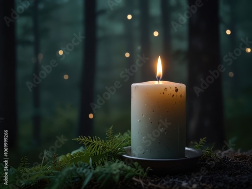 Cozy White Candle in Dark Green Autumn Forest with Fireflies, Fog, Bokeh, and Herbal Smoke