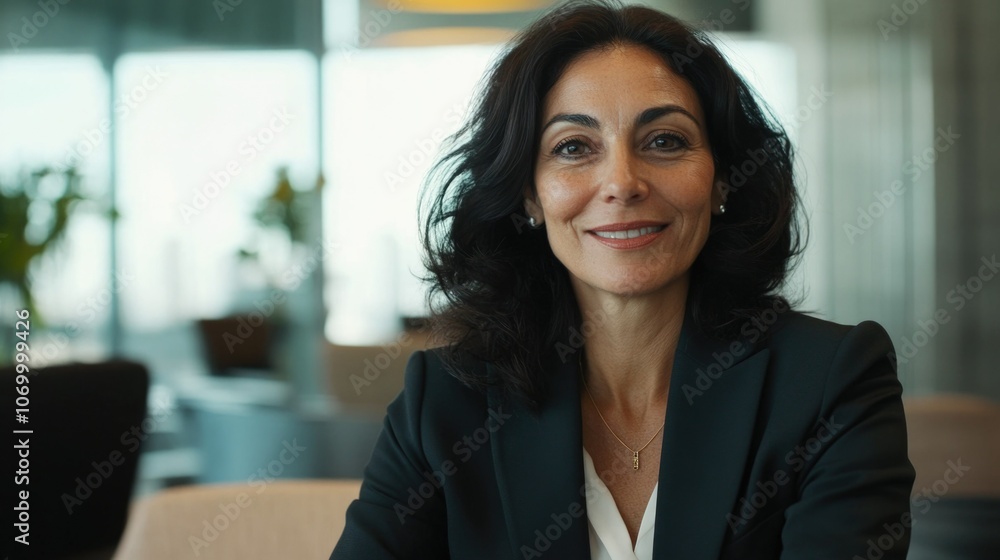 Professional Woman in Business Suit, Smiling Confidently Professional Woman in Business Suit, Smiling Confidently