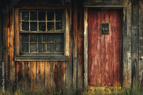 Weathered wooden cabin with rustic red door and aged window, exuding an atmosphere of nostalgia and timeless charm in muted earthy tones.