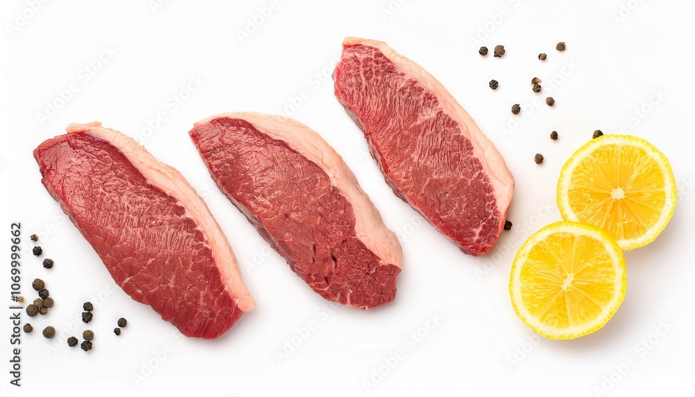 Raw picanha steaks with lemon and peppercorns on white background Raw picanha steaks with lemon and peppercorns on white background