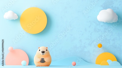 Wallpaper Mural An elegant Groundhog Day advertisement poster showcasing a whimsical illustration of a groundhog looking at its shadow on a sunny day, framed by a bright blue sky. The poster design incorporates a Torontodigital.ca