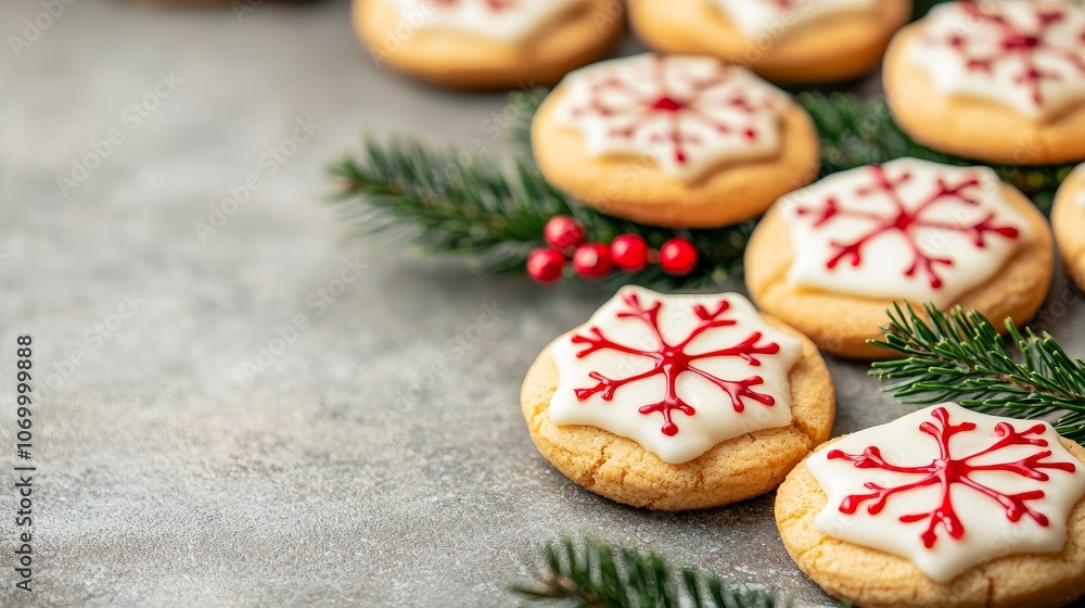 Festively decorated cookies featuring snowflake designs, perfect for holiday celebrations, arranged with greenery and red berries for a seasonal touch. Festively decorated cookies featuring snowflake designs, perfect for holiday celebrations, arranged with greenery and red berries for a seasonal touch.