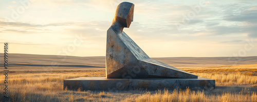 Abstract Stone Sculpture Stands Tall in a Field During a Golden Hour Sunrise photo