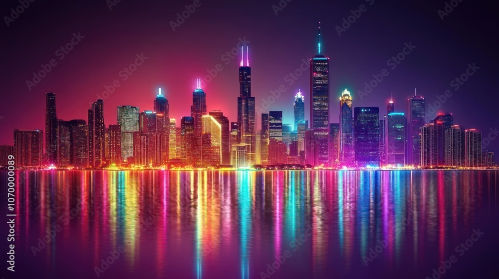 A vibrant cityscape skyline at night with colorful lights reflecting in the water. A vibrant cityscape skyline at night with colorful lights reflecting in the water.