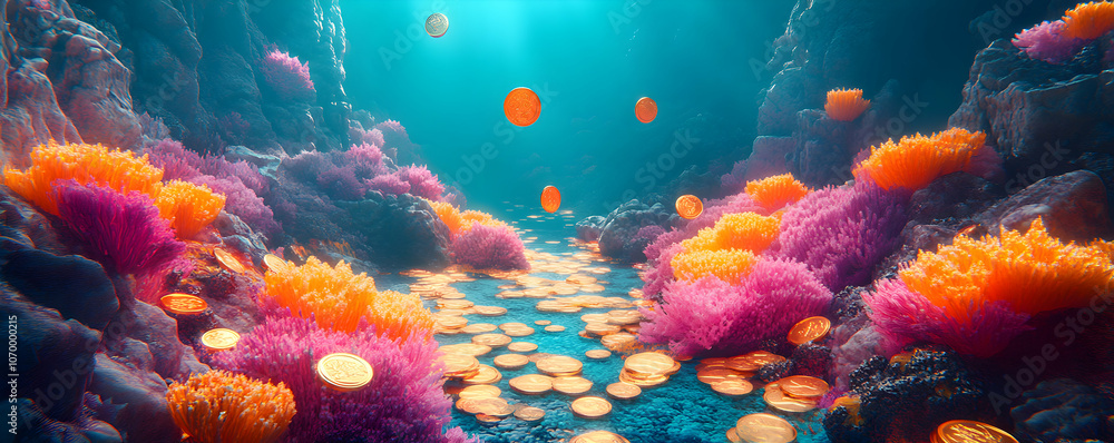 3D Render of a Underwater Scene with Gold Coins Falling Through a Coral Reef
