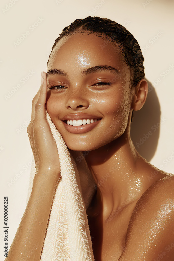 Woman gently washing her face with soap, in a luminous setting for a healthy, fresh look.