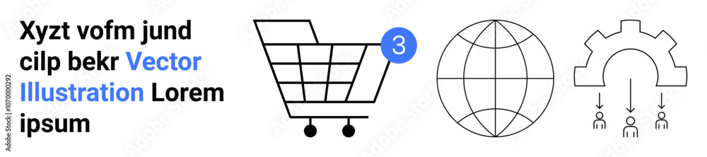 Shopping cart with notification, globe, gear with users. Ideal for e-commerce, globalization, team management, notifications, online shopping, business strategy, technological advancement. Landing Shopping cart with notification, globe, gear with users. Ideal for e-commerce, globalization, team management, notifications, online shopping, business strategy, technological advancement. Landing