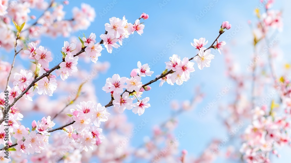 A close-up shot of delicate cherry blossoms in full bloom against a clear blue sky. The flowers are sharply focused while the sky provides a soothing backdrop, creating an inviting atmosphere perfect A close-up shot of delicate cherry blossoms in full bloom against a clear blue sky. The flowers are sharply focused while the sky provides a soothing backdrop, creating an inviting atmosphere perfect