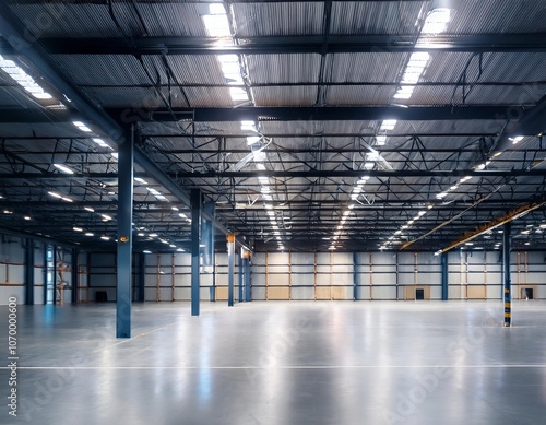 Empty warehouse interior with metal roof and concrete floor