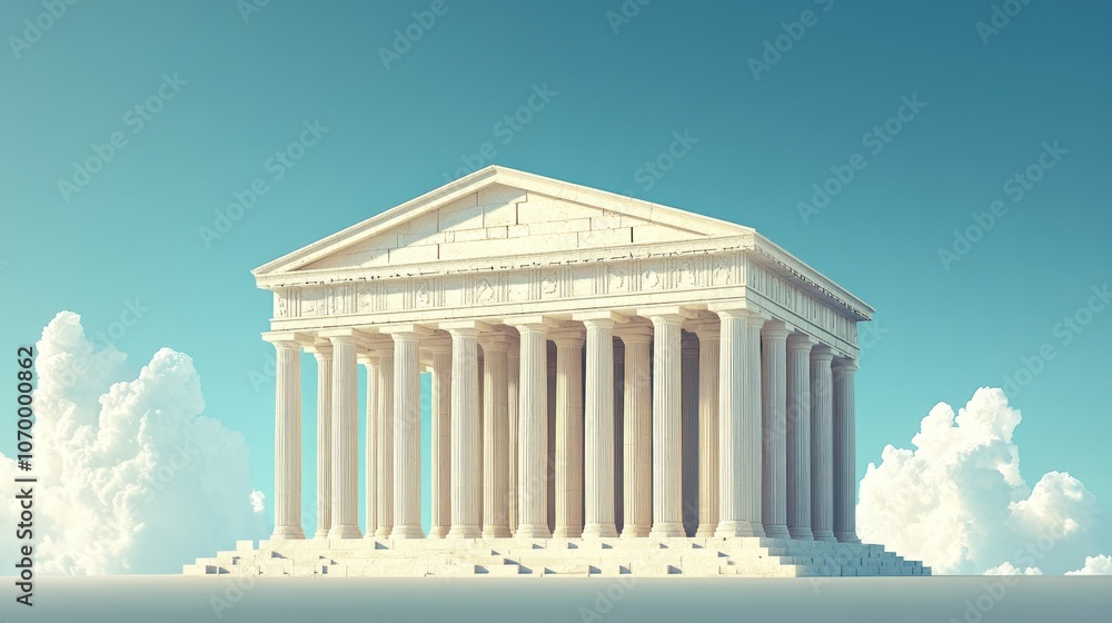 A classic Greek temple with white marble columns and a triangular pediment, set against a blue sky with white clouds. A classic Greek temple with white marble columns and a triangular pediment, set against a blue sky with white clouds.