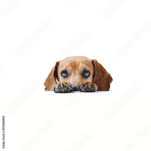 Shy dog hiding behind a blank sign