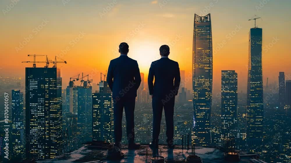 Foundations of prosperity: businessmen with urban construction, reflecting strategic investments, financial expansion, promise of growth; emblem business opportunity, economic advancement Foundations of prosperity: businessmen with urban construction, reflecting strategic investments, financial expansion, promise of growth; emblem business opportunity, economic advancement
