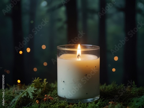 Cozy White Candle in Dark Green Autumn Forest with Fireflies, Fog, Bokeh, and Herbal Smoke