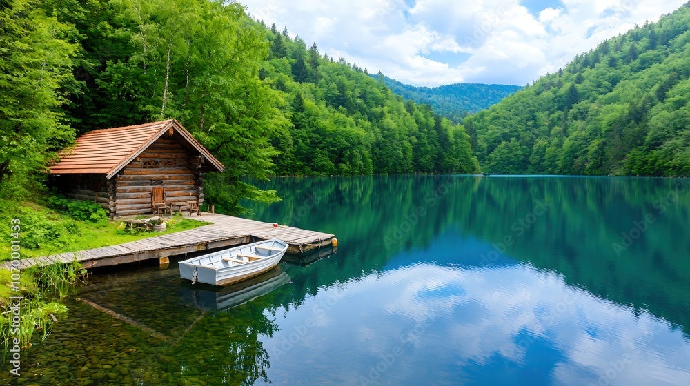 Fototapeta premium A cozy lakeside lodge surrounded by lush greenery, complete with a wooden dock and a small rowboat gently floating on the water. The reflection of the trees in the calm lake adds to the tranquil