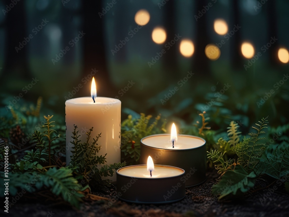 Cozy White Candle in Dark Green Autumn Forest with Fireflies, Fog, Bokeh, and Herbal Smoke Cozy White Candle in Dark Green Autumn Forest with Fireflies, Fog, Bokeh, and Herbal Smoke