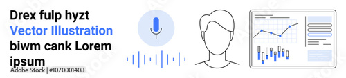 Microphone icon, user avatar, data analytics dashboard with graphs and charts. Ideal for AI, voice recognition, user identity, data analytics, business insights, technology, digital transformation