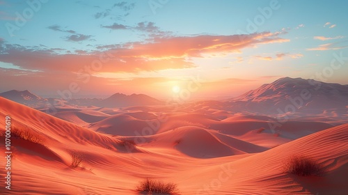 Stunning Desert Sunset: Golden Hour Over Sand Dunes and Mountains