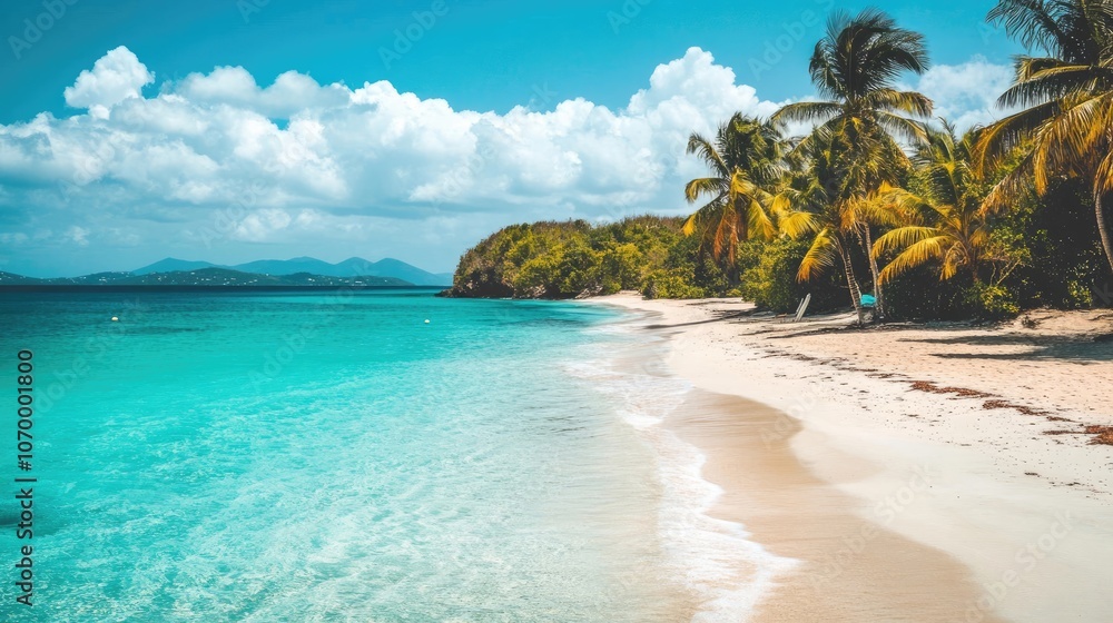 Tropical Beach With Clear Blue Water and Palm Trees Under Sunny Skies Generative AI Tropical Beach With Clear Blue Water and Palm Trees Under Sunny Skies Generative AI