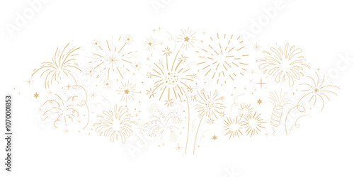Fireworks festive explosion golden bursts, sparks in doodle style seamless pattern border. Holiday celebration decoration. 