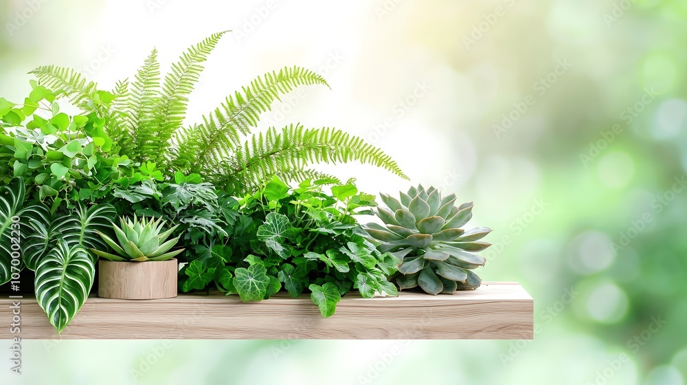 A lush arrangement of vibrant indoor plants, including ferns and succulents, displayed on a sleek wooden shelf against a softly blurred background. The natural light highlights the rich greens and A lush arrangement of vibrant indoor plants, including ferns and succulents, displayed on a sleek wooden shelf against a softly blurred background. The natural light highlights the rich greens and