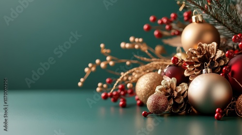 A vibrant arrangement of Christmas decorations, showcasing golden and red ornaments, pine cones, and festive foliage against a textured green backdrop photo