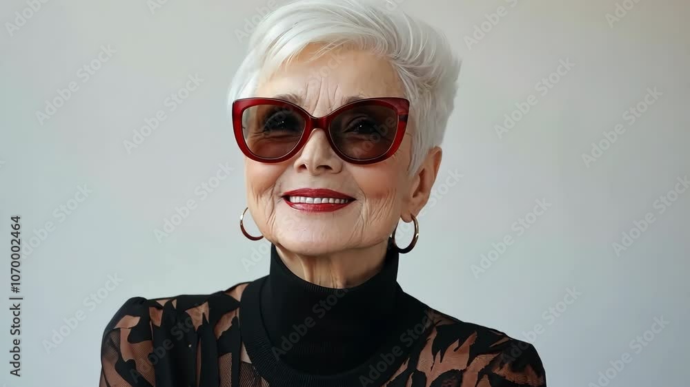 A woman in a black dress and red sunglasses A woman in a black dress and red sunglasses