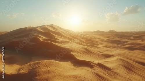 A vast desert landscape with rolling sand dunes under a golden sunset.