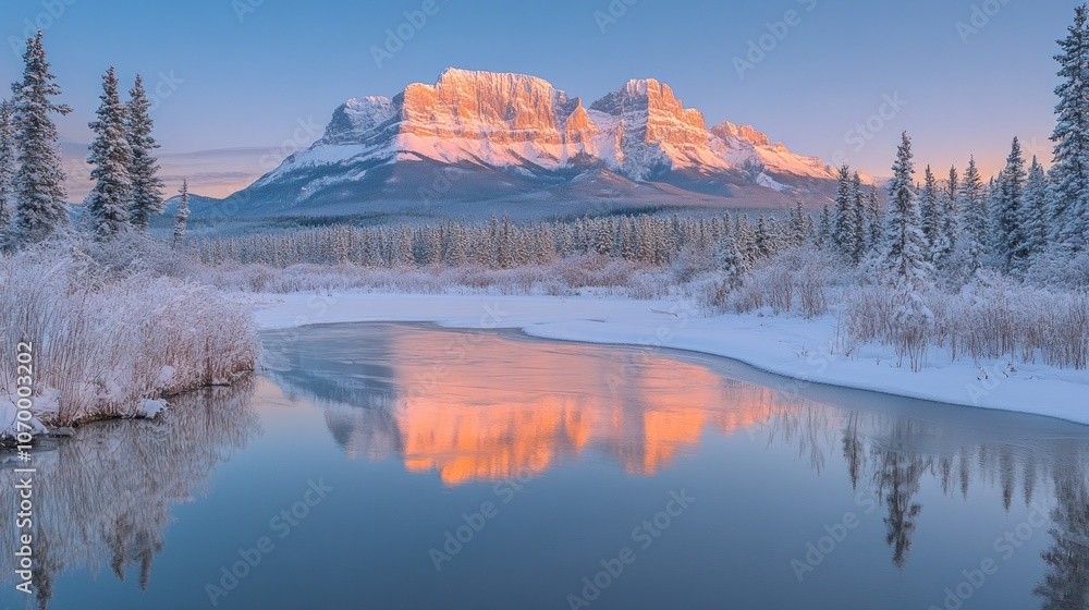 Fototapeta premium A majestic mountain peak reflects in a frozen river at sunrise, with snow-covered trees in the foreground.