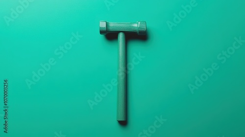 A minimalist image of a reflex hammer isolated against a solid green background. The clean lines of the hammer contrast with the vibrant backdrop, focusing on its simple medical purpose.  photo