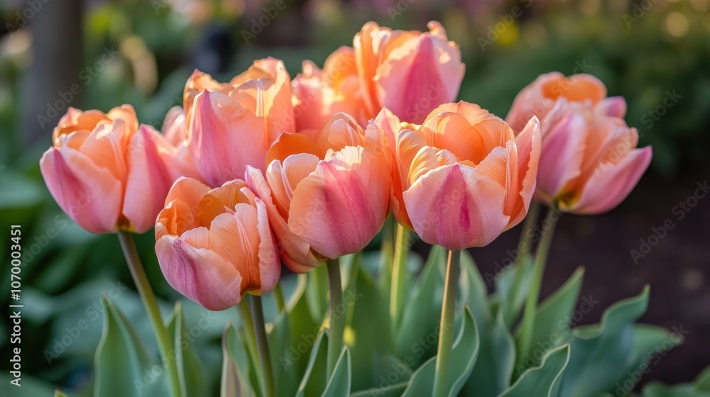 A vibrant bouquet of pink and orange tulips in a garden setting. A vibrant bouquet of pink and orange tulips in a garden setting.