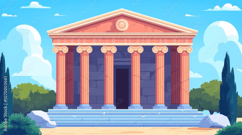 Obraz premium Ancient Greek temple with six columns, a pediment, and steps leading to the entrance. The temple is set against a blue sky with white clouds and green trees on either side.
