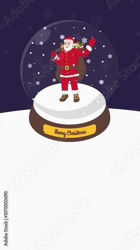Christmas Crystal Ball with animated santa claus, snowman, elf, christmas tree, snow,  portrait christmas dark purple background