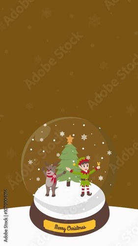 Christmas Crystal Ball with animated santa claus, snowman, elf, christmas tree, snow,  portrait christmas gold background