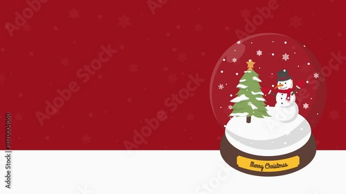 Christmas Crystal Ball with animated santa claus, snowman, elf, christmas tree, snow,  landscape, christmas, red, background