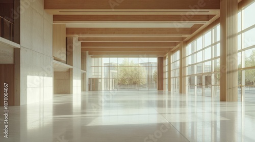 Modern empty room with large windows, concrete walls, and wooden beams.