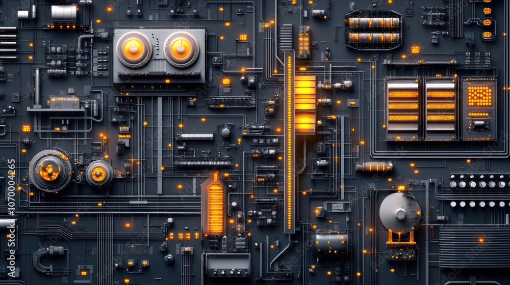 Fototapeta premium Close-up of a futuristic circuit board with glowing orange lights and various components.