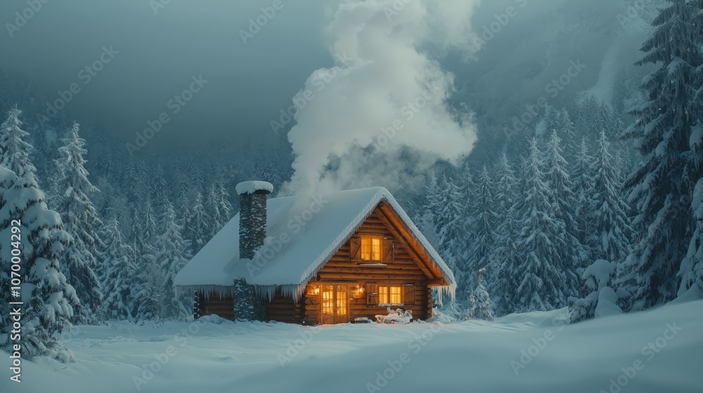 Cozy cabin with smoke rising from the chimney in a snowy forest at dusk Cozy cabin with smoke rising from the chimney in a snowy forest at dusk