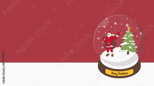 Christmas Crystal Ball with animated santa claus, snowman, elf, christmas tree, snow,  landscape, christmas red background