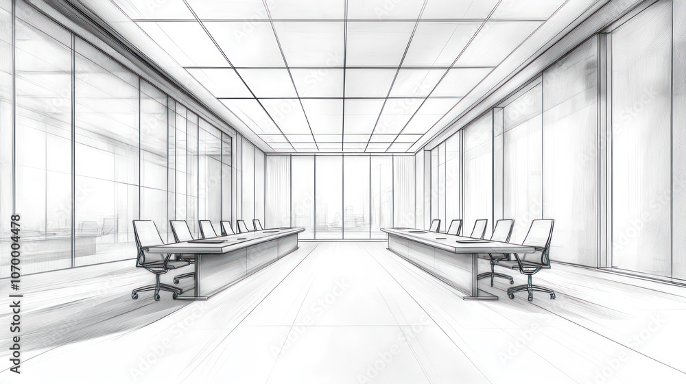 Sketch of a modern conference room with large windows and a long table with chairs. Sketch of a modern conference room with large windows and a long table with chairs.