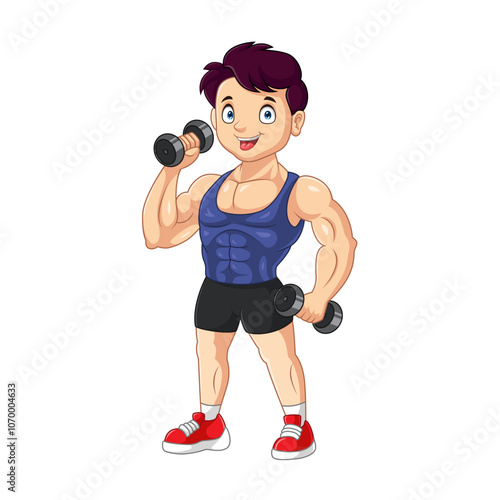 cartoon of young man lifting barbell